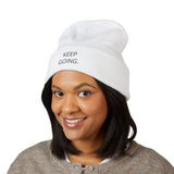 Keep Going Embroidered Cuffed Beanie — Minimal Motivational Knit Hat