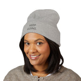 Keep Going Embroidered Cuffed Beanie — Minimal Motivational Knit Hat