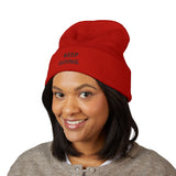 Keep Going Embroidered Cuffed Beanie — Minimal Motivational Knit Hat